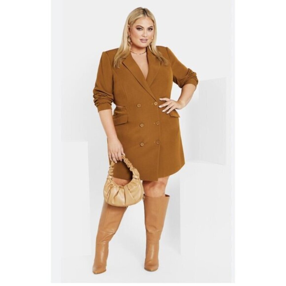City Chic Plus Size Tuxedo Twyla Dress Tan Caramel Double Breasted Long Sleeve